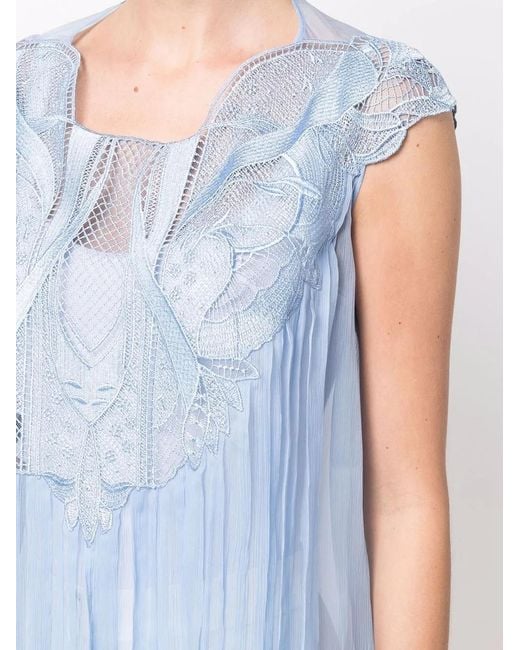 Alberta Ferretti Blue Lace-Embellished Silk Top