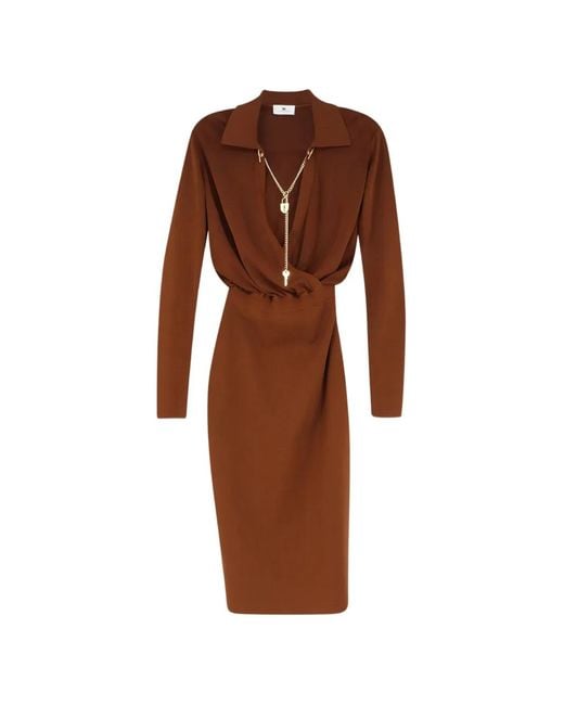 Elisabetta Franchi Brown Charm-Detail V-Neck Dress