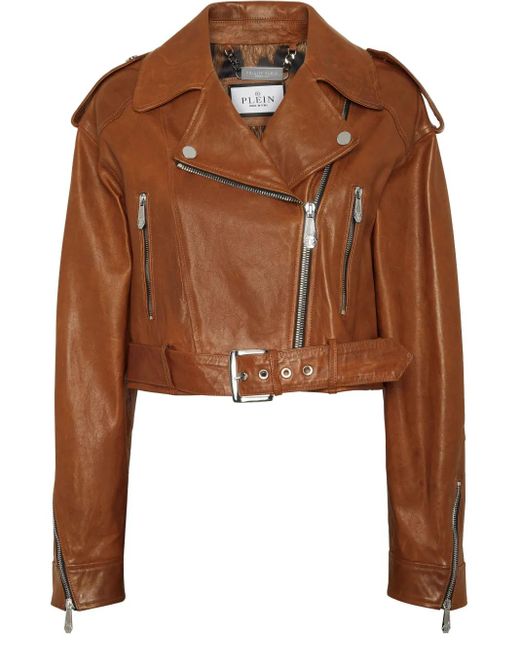 Philipp Plein Brown Leather Biker Jacket