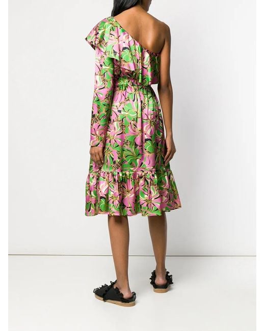 LaDoubleJ Green Boogie Floral-print Ruffle One-shoulder Silk Dress