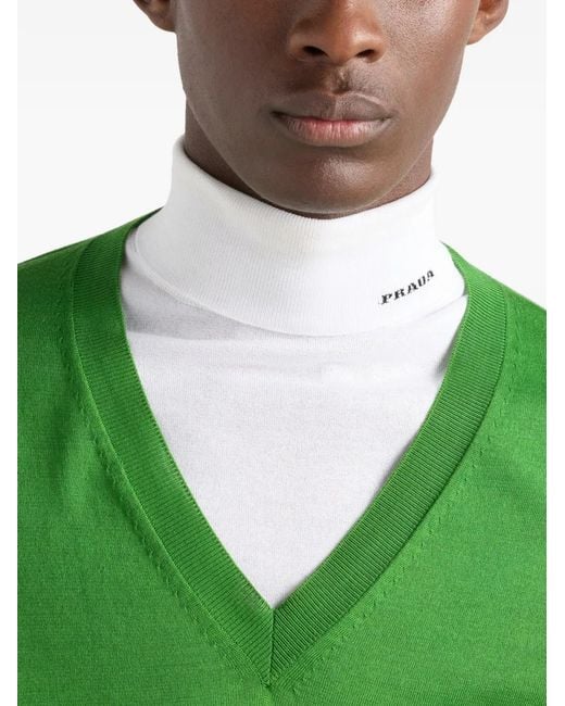 Prada Green V-Neck Ribbed Sweater for men