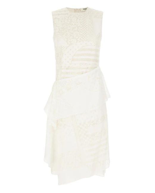 Fendi White Lace-Paneled Midi Dress