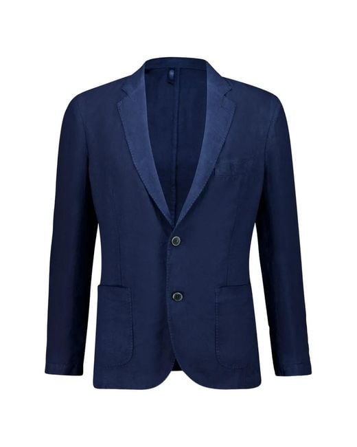 120% Lino Blue Buttoned V-Neck Blazer for men