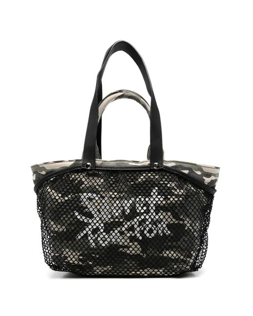 Secret Pon-pon Black City Camouflage Mesh-Overlay Tote Bag