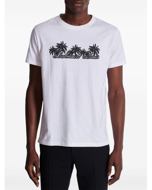 Camiseta con estampado Palm Balmain de hombre de color White