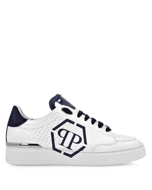 Philipp Plein White Lo-Top Leather Sneakers Hexagon for men
