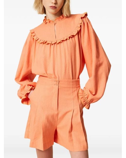 Twinset Orange Linen Blend Shorts With Pleats