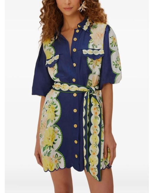 Farm Rio Blue Scalloped Floral Garden Mini Dress