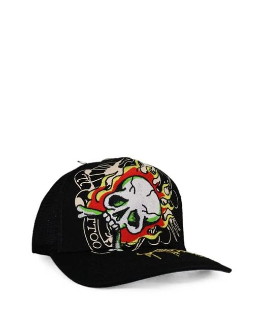 Ed Hardy White Embroidered Skull-Motif Cap for men