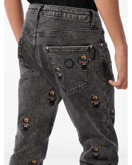 Philipp Plein Gray Bear-Embroidered Jeans for men