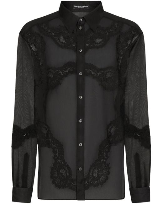 Dolce & Gabbana Black Lace-embellished Sheer Organza Shirt for men
