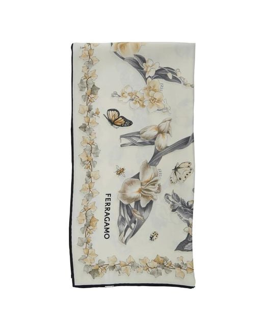 Ferragamo Gray Floral-Print Silk Scarf