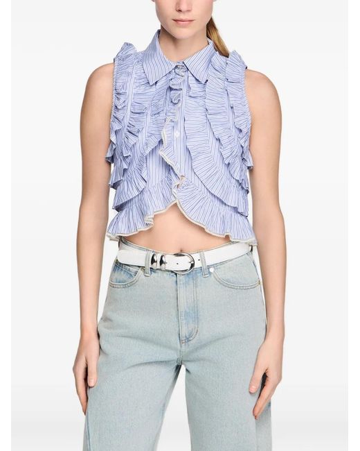 Sandro Blue Striped-Pattern Ruffled Blouse