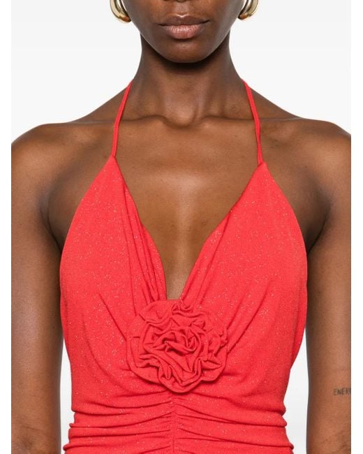 ROSERRY Red Halterneck Rose-Embellished Maxi Dress