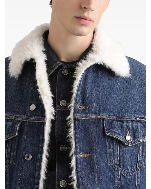 Dolce & Gabbana Blue Denim Shearling-Trim Jacket for men