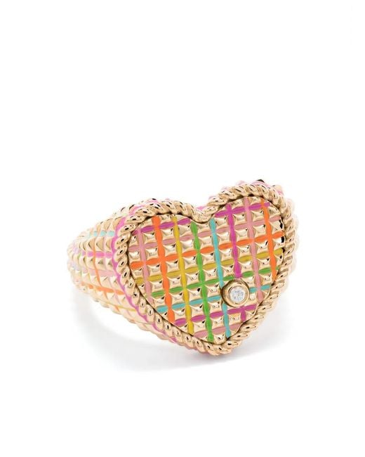 Yvonne Léon White 9Kt Chevalière Coeur Picotti Email Diamond Signet Ring