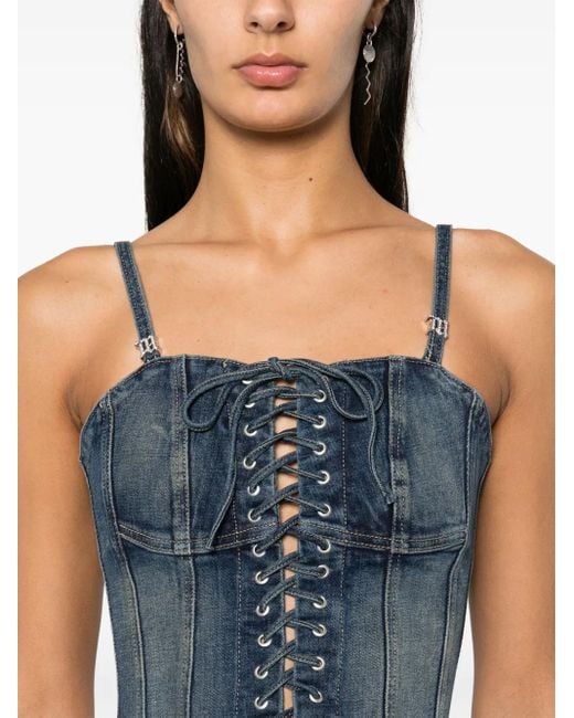 M I S B H V Blue Denim Lace-Up Corset Tank Top