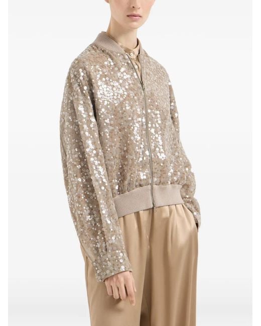Brunello Cucinelli Brown Sequin-Embroidery Bomber Jacket