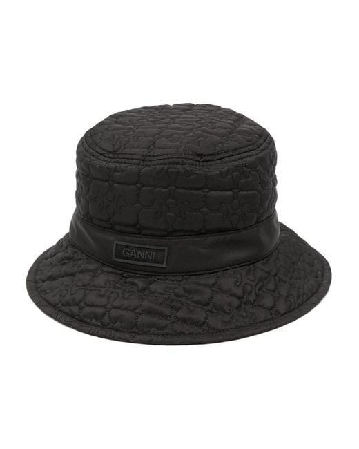 Ganni Black Logo-Patch Quilted Bucket Hat