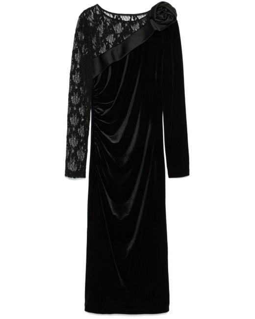 Nissa Black Lace-insert Velvet Midi Dress