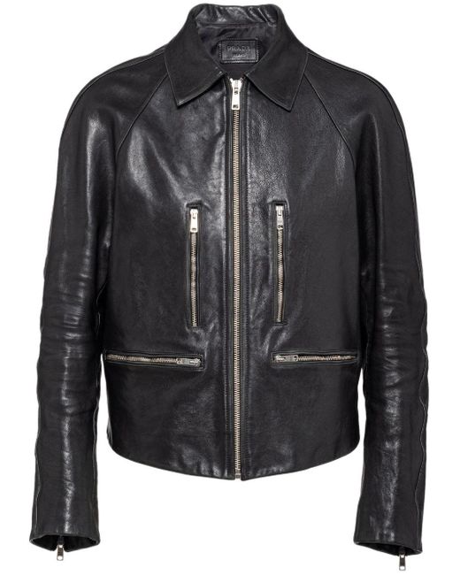Prada Black Cropped Leather Jacket for men
