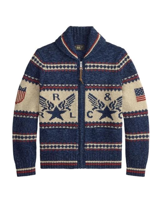 RRL Blue Zip-Up Graphic Cotton Cardigan for men