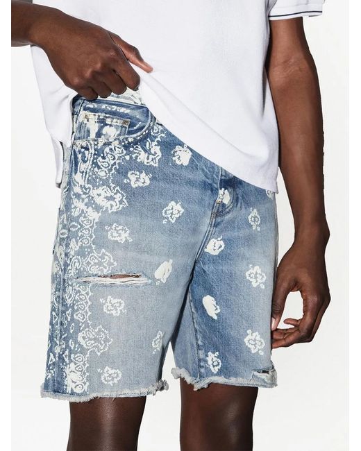 Amiri Blue Bleach Bandana-Print Denim-Shorts for men