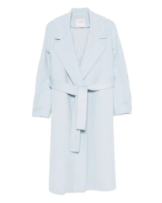 ERMANNO FIRENZE Blue Floral-Embroidered Belted Coat