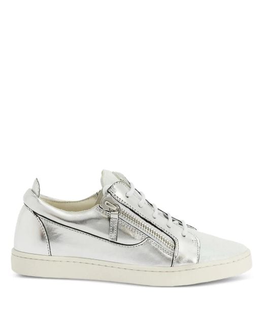 Giuseppe Zanotti White Nicki Metallic Leather Zip-Detail Sneakers