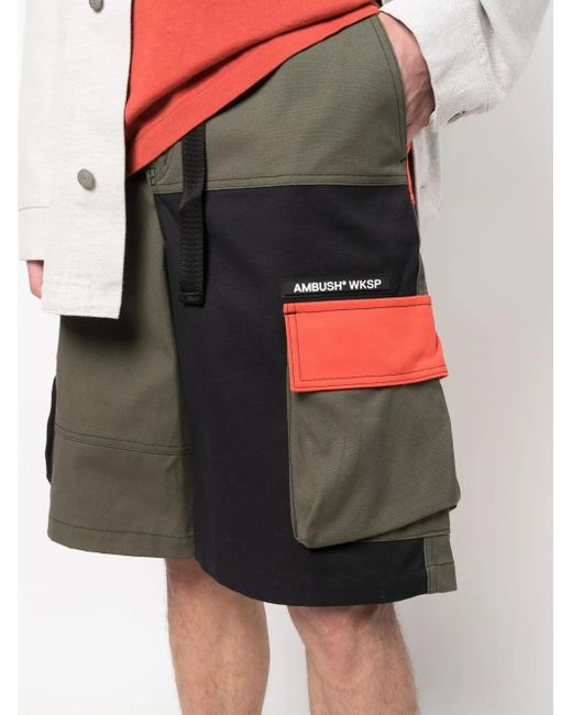 Ambush Green Colour-Block Cargo Shorts for men