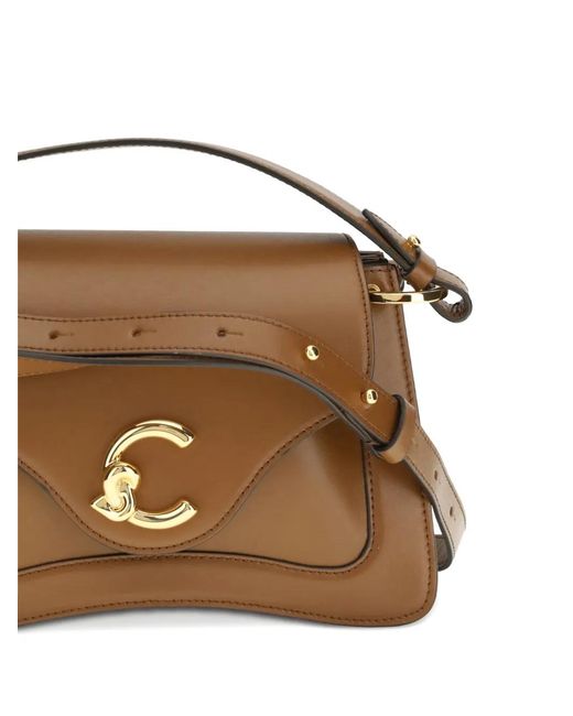 Coccinelle Brown Small C-Me Logo-Plaque Leather Tote Bag