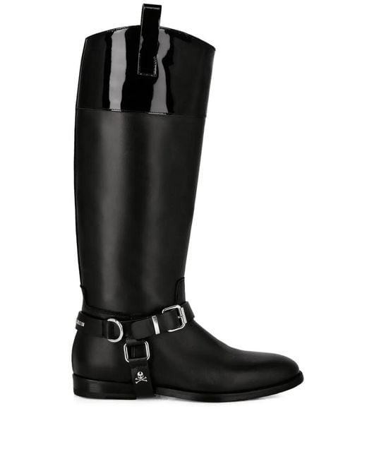 Philipp Plein Black Buckled Leather Knee-High Boots