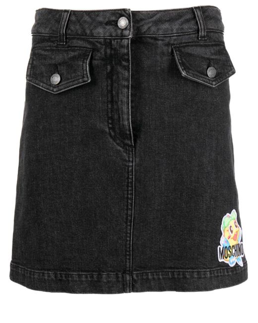 Moschino Black Cartoon-embroidered A-line Denim Skirt