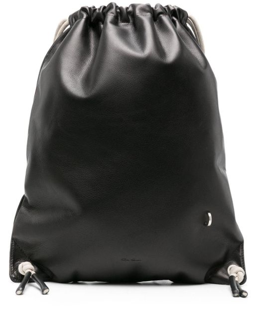 Rick Owens Black Drawstring Leather Backpack for men