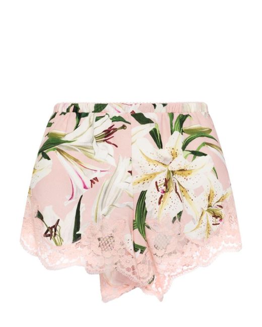 Dolce & Gabbana Pink Floral-print Lace-trim Satin Shorts