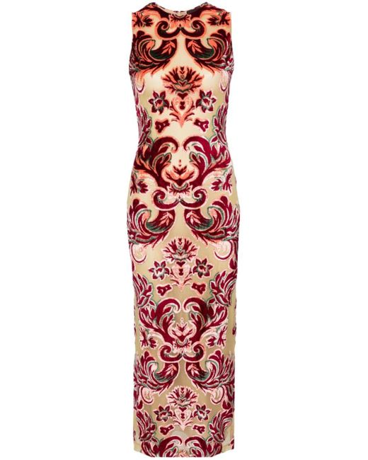 Etro Red Baroque-pattern Velvet Midi Dress