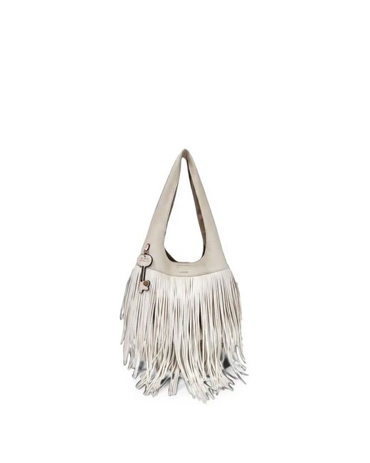Le Pandorine White Large Fringe Grained Shoulder Bag