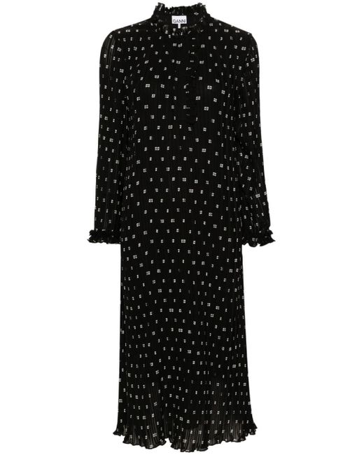 Ganni Black Monogram-print Pleated Midi Dress