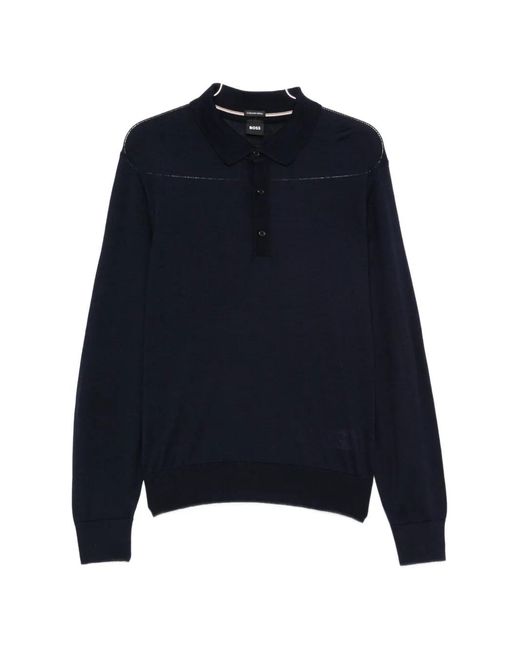 Boss Blue Polo-Collar Long-Sleeve Sweater for men