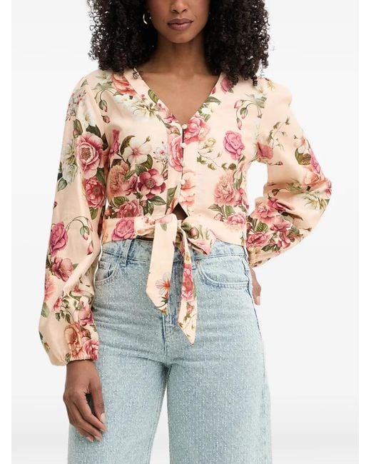 Guess Pink Floral-Print Tie-Waist Blouse