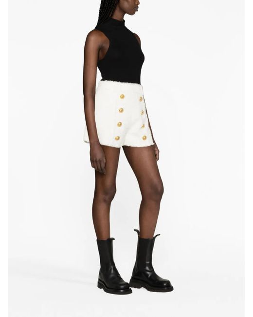 Balmain White Button-Embellished Tweed Shorts