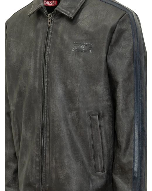 DIESEL Gray Stripe-Zip Leather Jacket for men