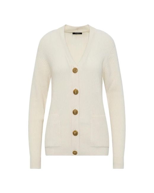 Balmain White Cardigan En Cachemire À Boutonnière