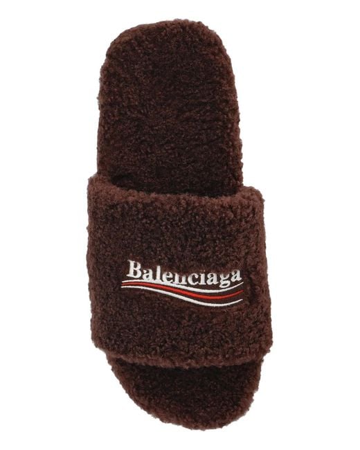 Balenciaga Brown Logo-Embroidered Faux-Fur Slides for men