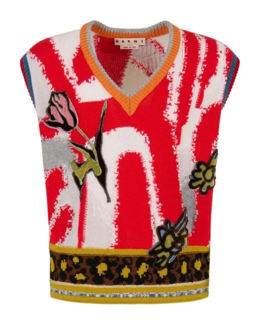 Marni Red Intarsia-Knit Sleeveless Sweater for men