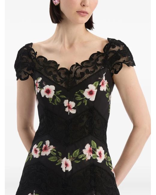 Oscar de la Renta White Chiné Hibiscus Striped Faille Midi Dress