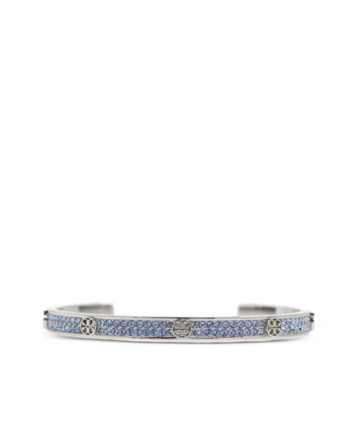 Tory Burch White Rhinestone-Embellished Logo Bracelet