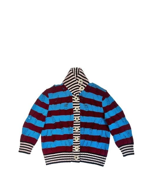Chopova Lowena Blue Letterman Distressed-Effect Striped Cardigan