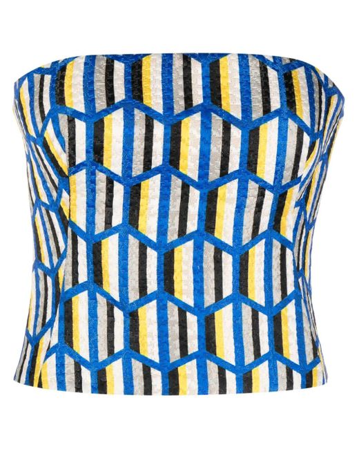 Gemy Maalouf Blue Geometric-Pattern Strapless Top