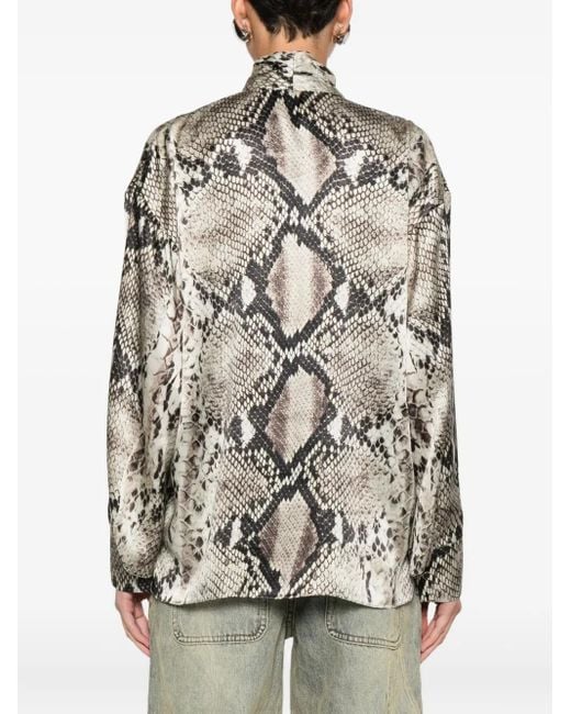 Roberto Cavalli Natural Snakeskin-Print Tie-Neck Blouse